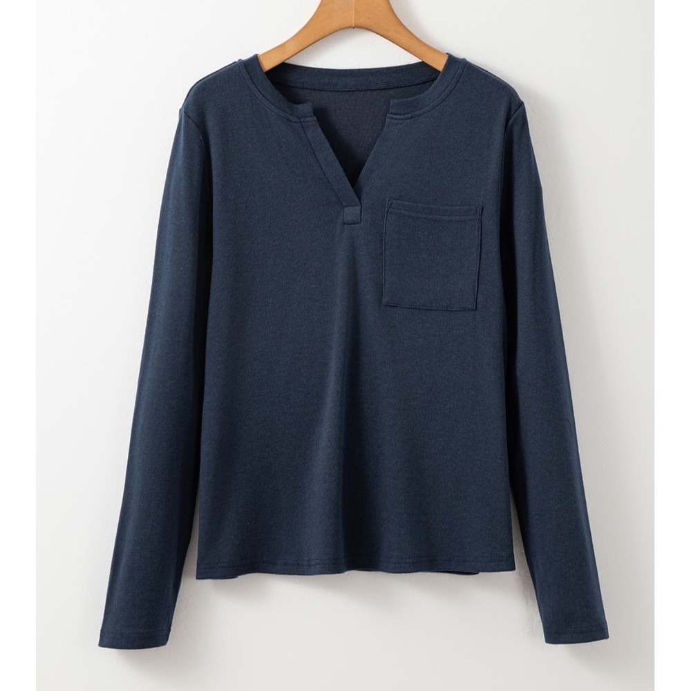 Womens Top SMALL Blue Notch V Neck Pocket Patched Long Sleeve Tee NWT